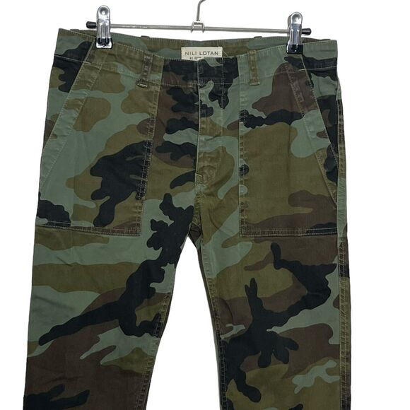 Nili Lotan Jenna Pants Green Camouflage Cropped Slim Fit Mid Rise Women Size 2 - Picture 3 of 13